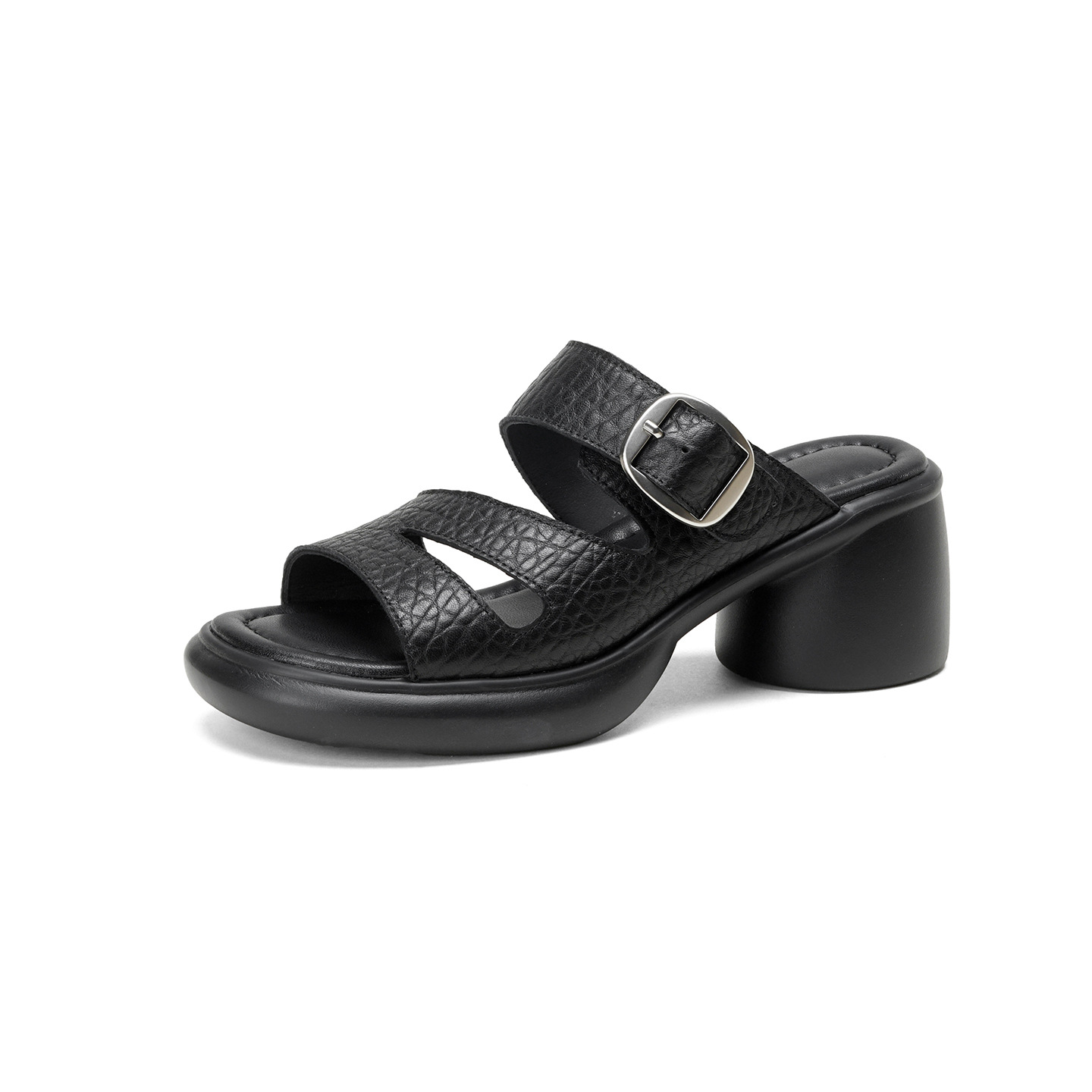Sandal cao gót nữ hở mũi đế dày da dê 7 cm — đen chi tiết 18