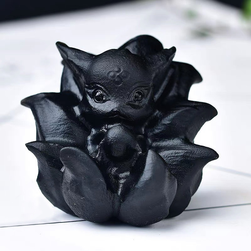 Natural Obsidian Nine-Tailed Fox Figurine, Raw Stone Carving, Fairy-Like Little Fox Doll, Enhances Romantic Feelings and Attracts Love