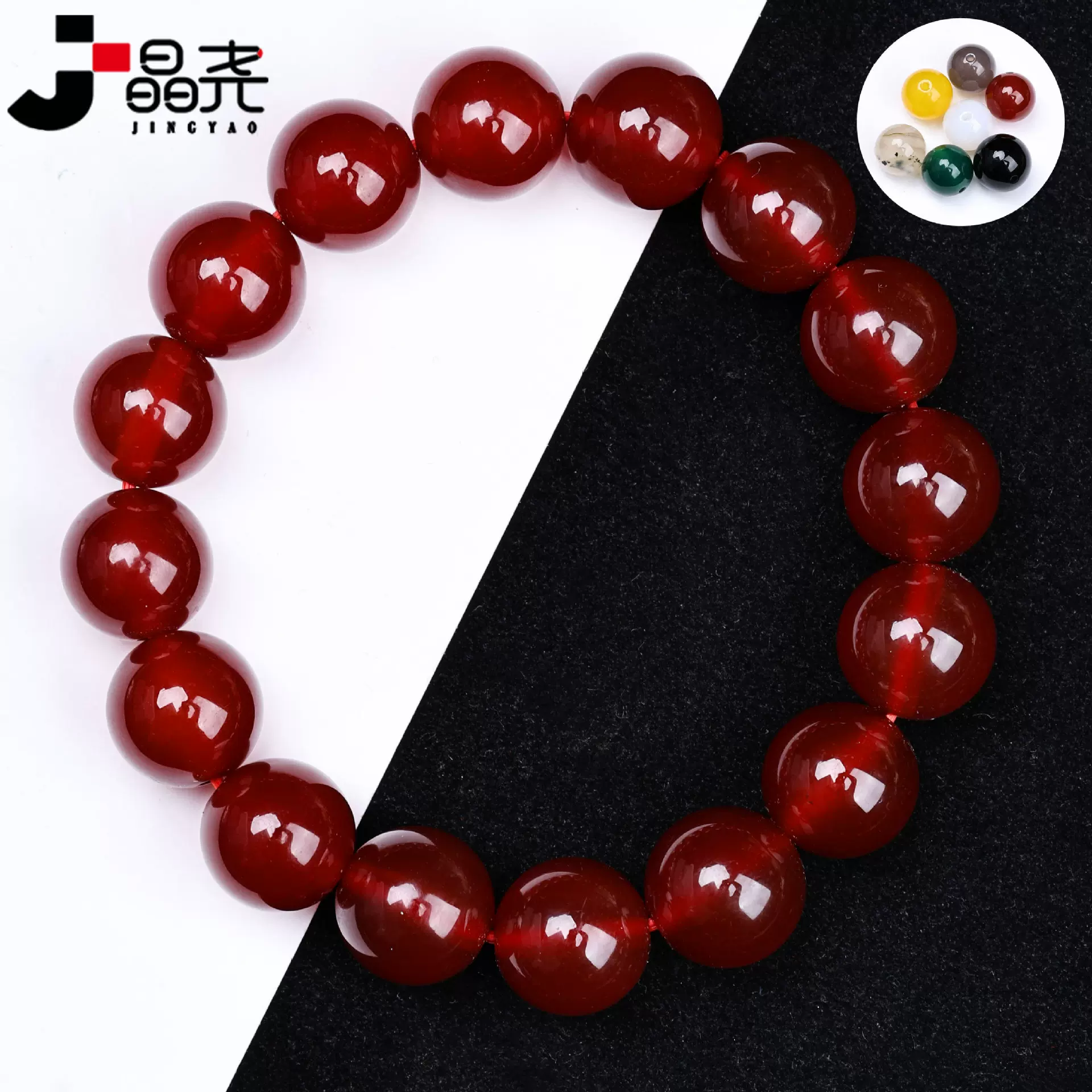 晶尧 7A红绿黑玛瑙单圈手链6-14mm三圈108颗佛珠手串男女水晶饰品