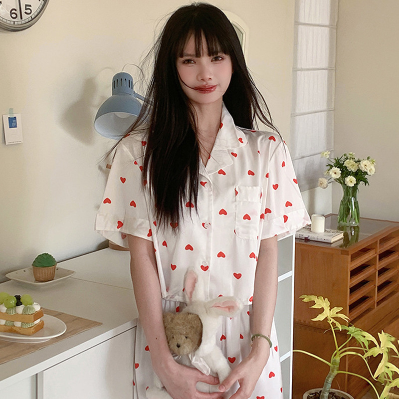 반팔 바지 아이스 실크 잠옷 여성의 여름과 가을 사랑 시원한 실크 새틴 화이트 신선한 가정 옷 2025 새로운