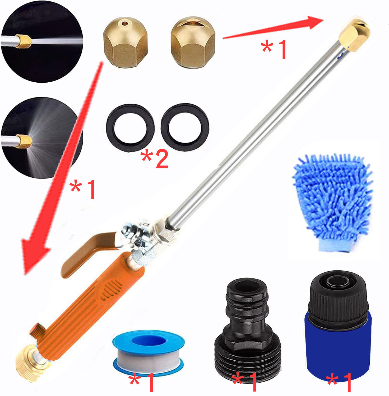 8개 세트(주황색 물총 + 노즐 2개 + 검정색 커넥터 1개 + 개스킷 2개 + 테이프 1 + 파란색 퀵 커넥터 1 + 장갑)