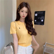 天猫抖音质量学院风polo领刺绣短袖T恤针织衫女修身短款甜辣上衣