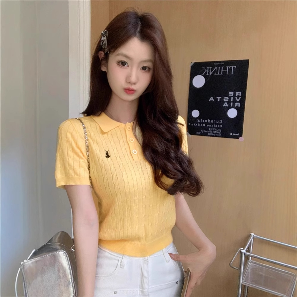 天猫抖音质量学院风polo领刺绣短袖T恤针织衫女修身短款甜辣上衣
