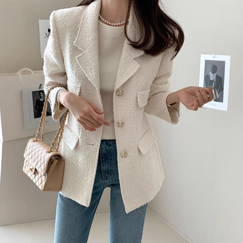 Elegant and Fashionable Korean Dongdaemun Chic Tweed Jacket with Slim Fit and Faux Pockets