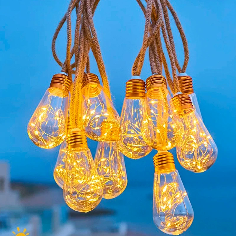 Outdoor hemp‑rope string lights, papaya warm‑white bulbs, 8 m, 16/20 bulbs, waterproof power options