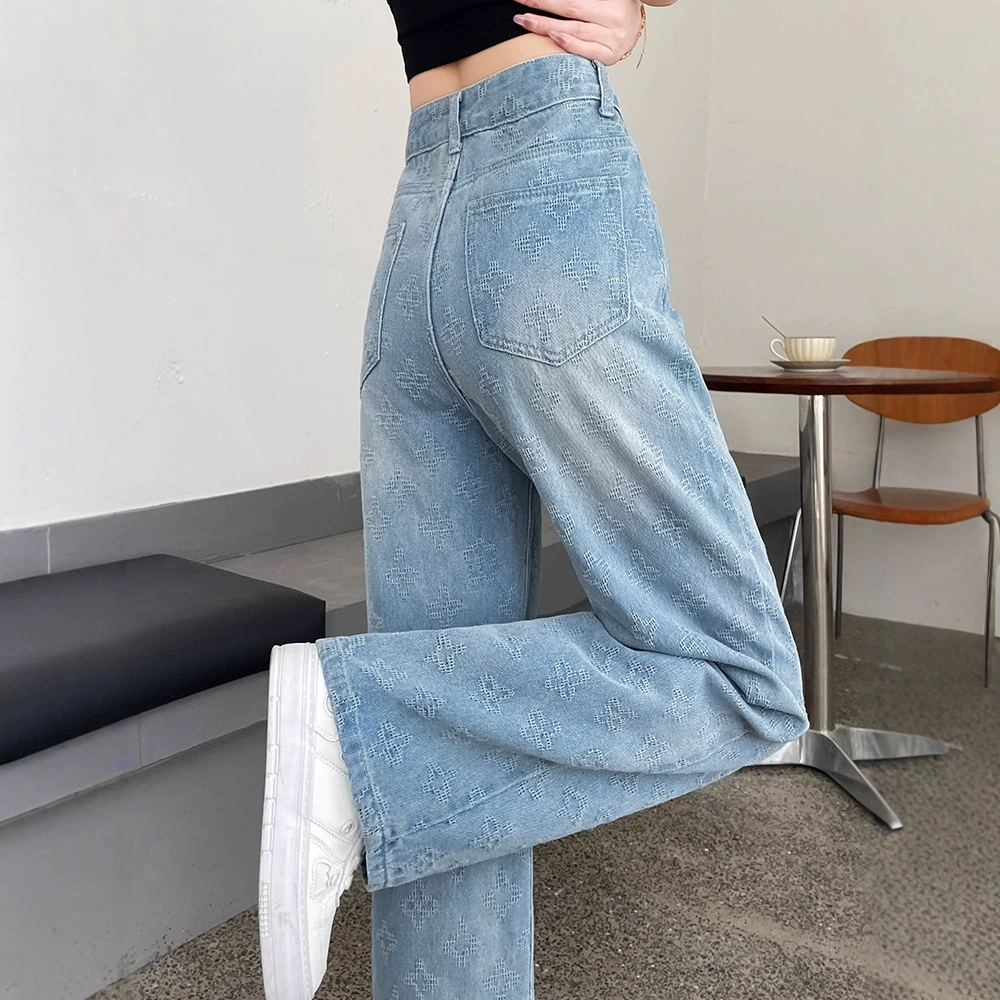 Жаккардовые широкие джинсы для женщин, лето 2025, новые узкие прямые брюки длиной до пола с высокой талией и принтом маленького аромата