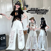 女童夏季套装2025新款中大童设计感飘带短袖蕾丝破洞阔腿裤两件套