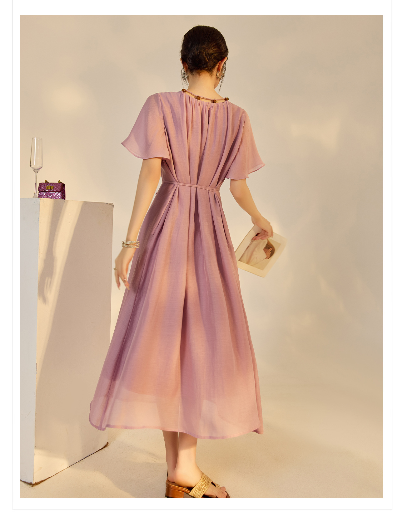 Đầm maxi nữ thắt eo tay lá sen chất Tencel phong cách dân tộc — Taro màu tím chi tiết 16