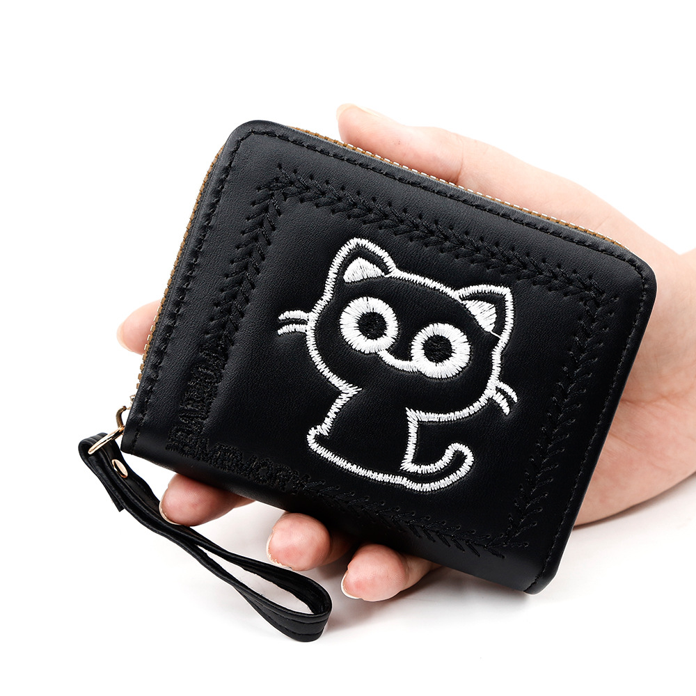 Nuevo bordado gatito damas cartera corta multi-tarjeta billetera de cambio con cremallera cartera de tarjetas de mano al por mayor