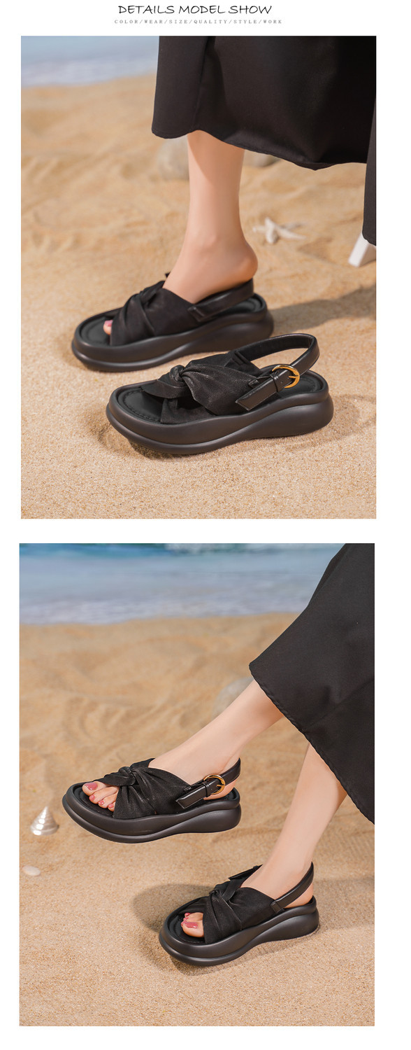 Dép sandal nữ quai chữ V satin phong cách Trung Quốc, đế dày tăng chiều cao, thoải mái đa năng — đen, bạc chi tiết 7