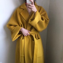韩国chic冬季新款韩版气质中长款过膝姜黄色加厚毛呢外套呢子大衣