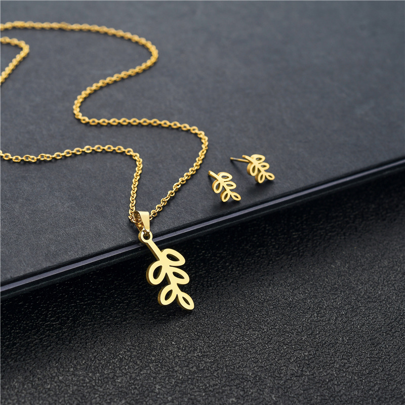 fashion leaf pendant stainless steel necklace earrings set