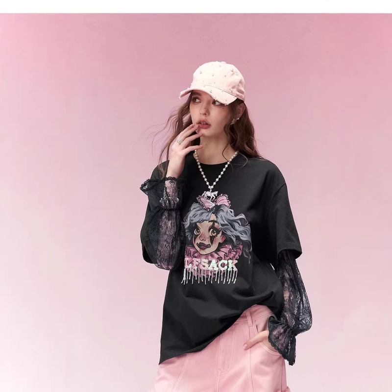 In-Stock Lace Patchwork Black Printed Long-Sleeve T-Shirt for Women, 2026 Spring New Design, Loose Fit Top