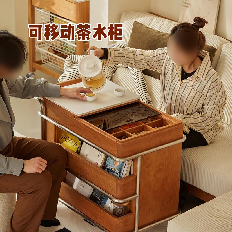 Mueble de té móvil de estilo antiguo, mesa de té, sofá, gabinete lateral, carrito, color de madera de cerezo, balcón de apartamento pequeño, mesa de té pequeña