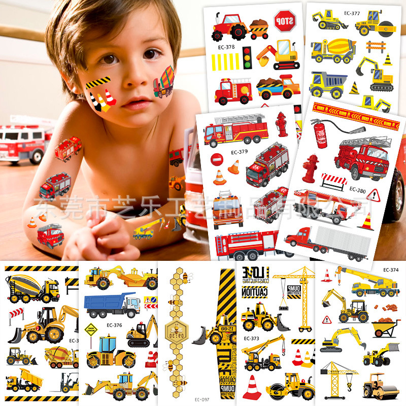 Children's Tattoo Sticker Engineering Vehicle Car Boys and Girls Cute High Sense Temporary Face Sticker Cross Border in stock