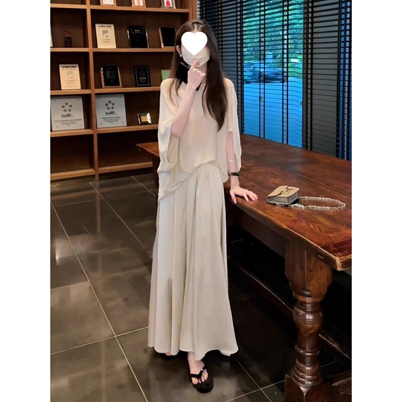 盛夏韩系清纯系穿搭轻奢感巨好看茶里茶气醋酸缎面连衣裙套装工厂|undefined