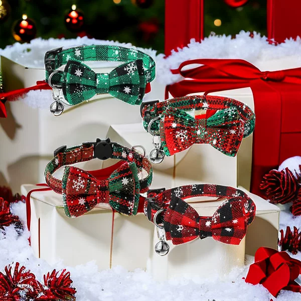 Cross-Border Christmas Popular Adjustable Bow Collar, Christmas Cute Bell Cat Collar Ready for Sale