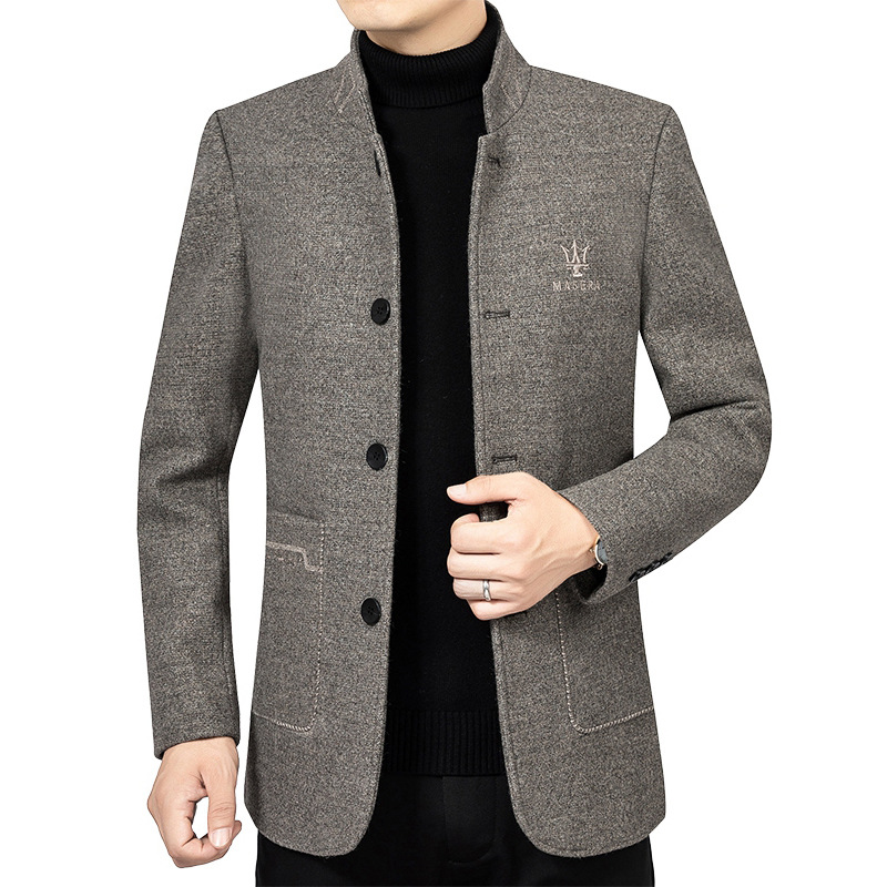 Chaqueta de lana gruesa para hombres de mediana edad, otoño e invierno 2025, cuello alto, estilo casual de negocios, abrigo de lana para papá