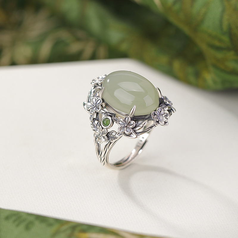 Nhẫn bạc S925 đính ngọc bích Hòa Điền phong cách cung đình hoa dây leo rỗng — Miếng
