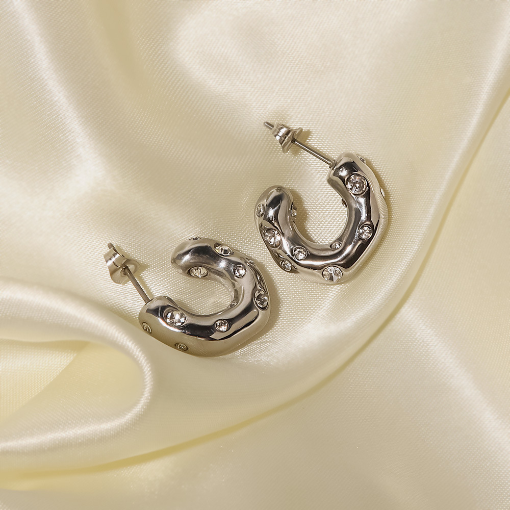 Simple Style C Shape Stainless Steel Inlaid Zircon Hoop Earrings 1 Pair
