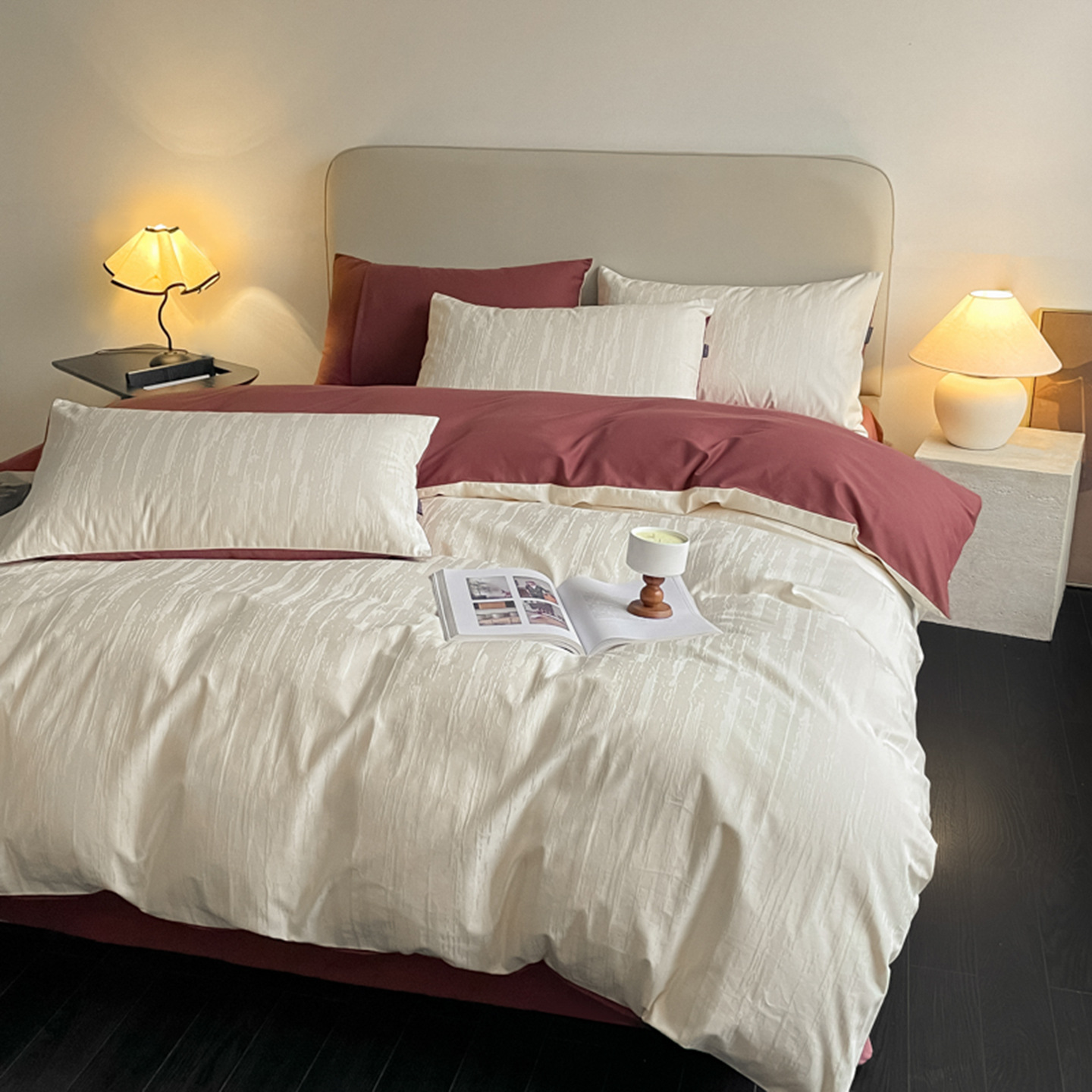 Conjunto de quatro peças minimalista nórdico francês retrô de luxo leve escovado, capa de edredom de algodão puro de fibra longa, lençol grosso, outono A_voghion.com