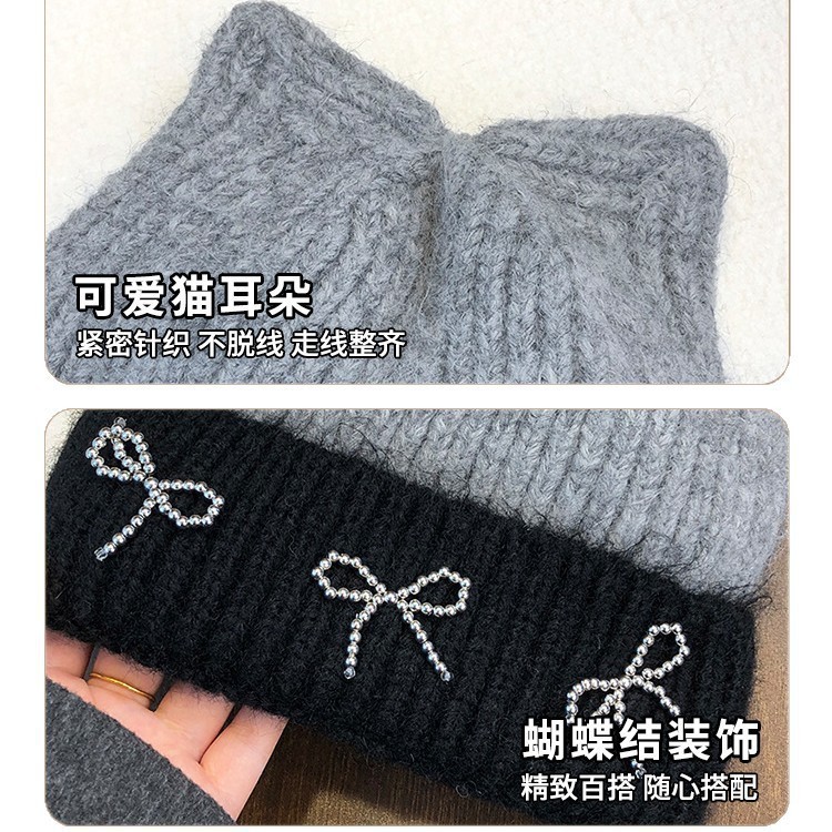 秋冬新款可爱猫耳朵蝴蝶结毛线帽百搭女款大头围护耳针织冷帽批发|undefined