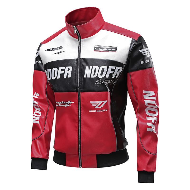 Hl Cross-Border 2024 New Motorcycle Leather Jacket Men's Leather Coat Men's Outerwear Color-Blocking Racing Jacket Men's Hong Kong Style Trendy Brand