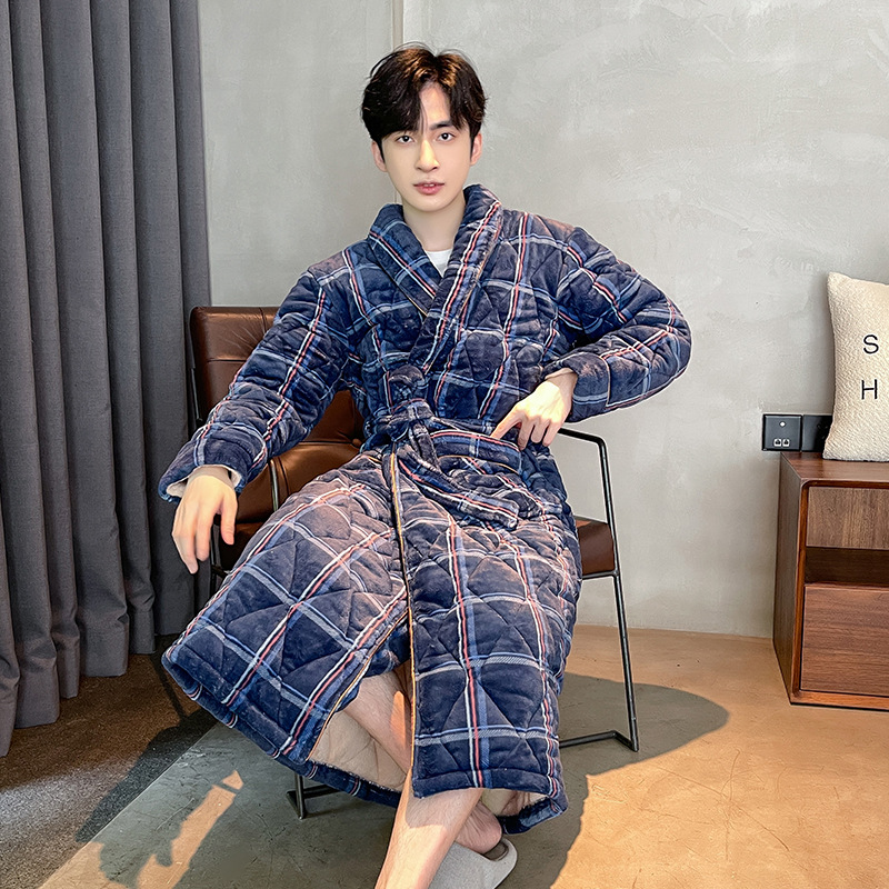 Three-Layer Quilted Cotton Pajamas for Men, Winter Warm Sleepwear, Fleece-Lined Morning Robe, Home Wear, Thickened Lapel Tie Bathrobe, Can Be Worn Outside
