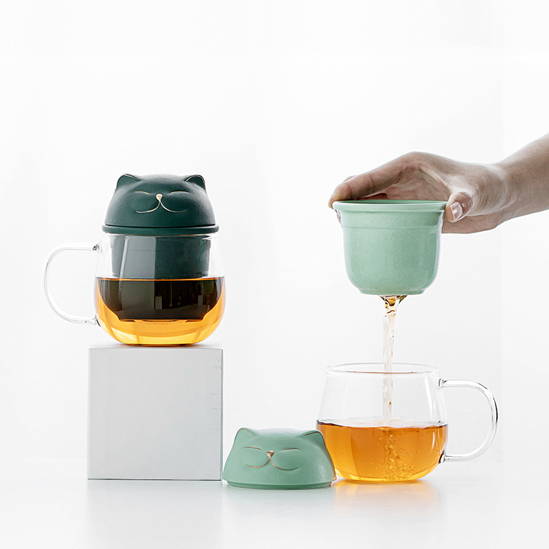 招財貓馬克杯 辦公室茶水分離泡茶杯水杯帶蓋過濾陶瓷個人杯子