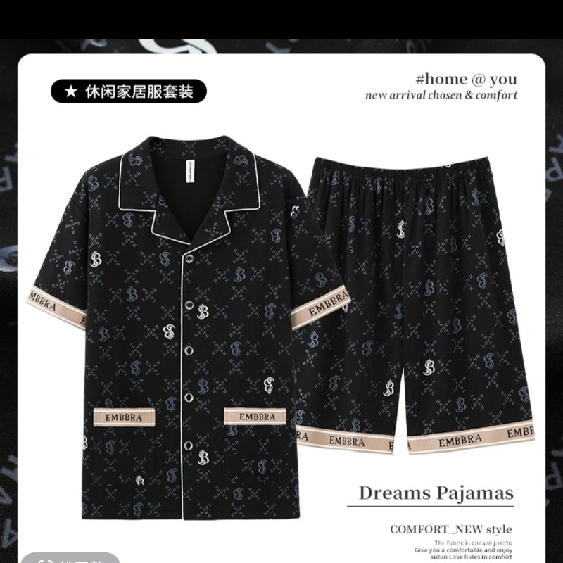 [Authentic Counter Products] New Large Size Men's Pajamas for Men in Spring & Fall V Neck Short-Sleeved Autumn and Summer Can Be Worn Out and Loose for Home Use