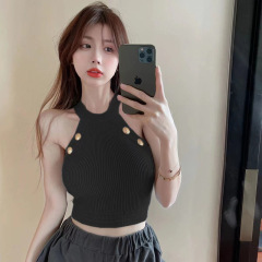 2023年時尚網紅純欲風短款掛脖背心性感露肩無袖露臍吊帶打底衫女