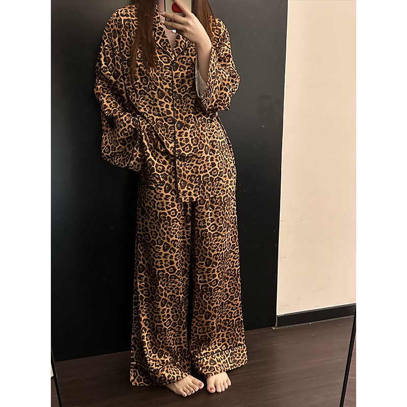 纯欲网红高级豹纹冰丝睡衣长袖女秋季薄款休闲长裤家居服大码套装|undefined
