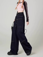 美式多口袋工装牛仔裤2024年春秋新款复古设计感宽松显瘦阔脚裤女