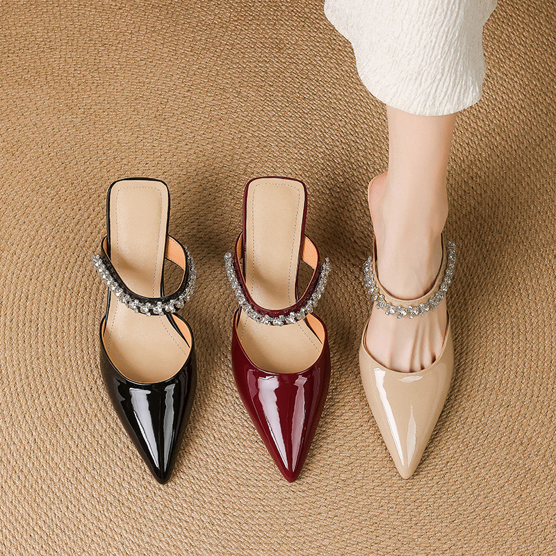 Giày sandal cao gót nữ mũi nhọn đính đá kiểu Pháp, gót nhọn 9 cm — đen