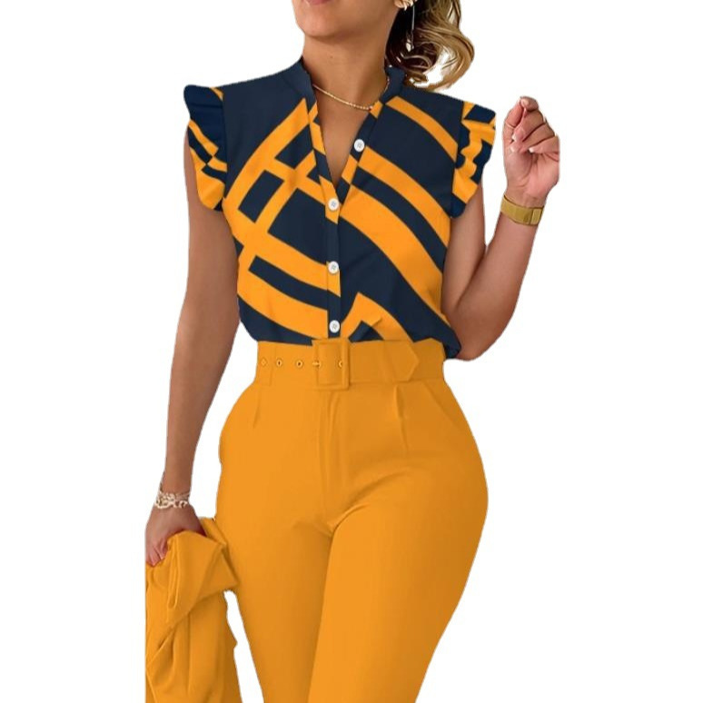2023 estación independiente AliExpress Amazon popular verano con cuello en V botón pétalo manga camisa impresa para las mujeres