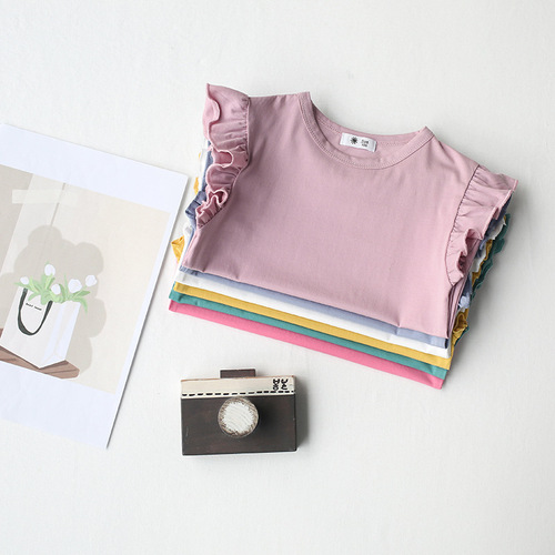 Girls' ruffled round neck Feifei short-sleeved T-shirt solid color top  summer new Korean style pullover short-sleeved