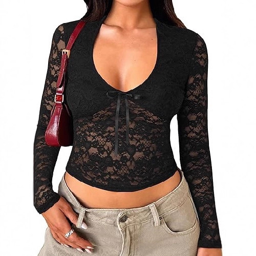 Women's Long Sleeve Going Out Top Lace V-Neck Mesh Navel Shirt Sexy Cute Y2K Autumn Fashion Foreign Trade