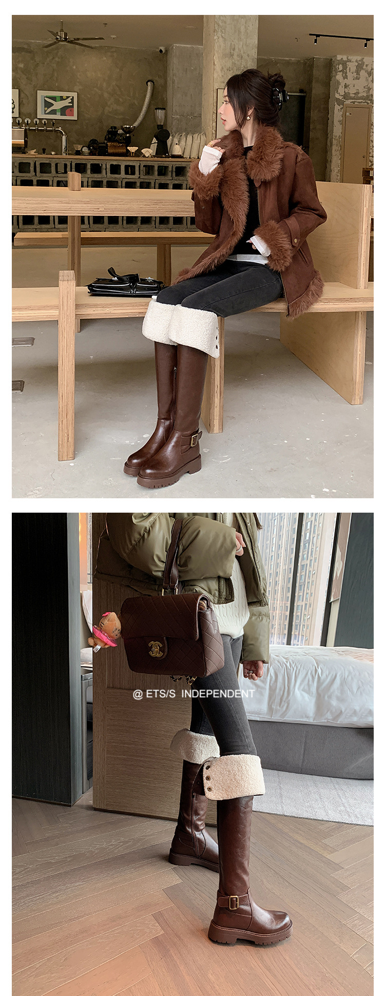 Boot nữ cổ cao qua gối hai lớp gấp gọn, lót lông cừu ấm áp, phong cách hiệp sĩ — màu đen chi tiết 26