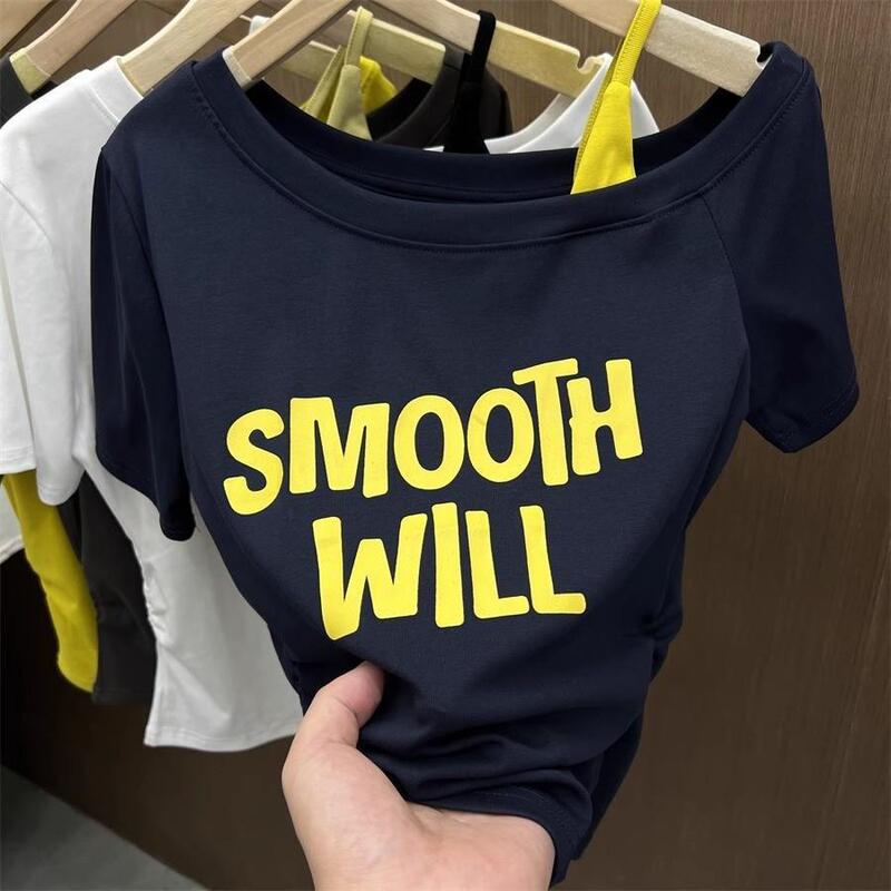 The Upper Body Is Stunning ~ Korean Style Printed One-Shoulder Slant Collar Fake Two-Piece Spliced ​​Suspender Off-Shoulder High-End Short-Sleeved T-Shirt