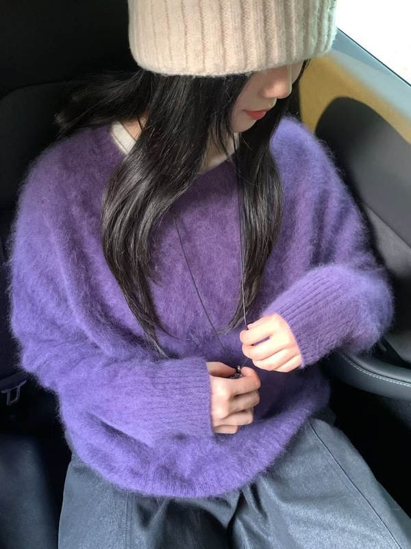 韩系秋款仿貂绒毛茸茸宽松显瘦毛衣女圆领套头针织衫简约基础内搭|undefined