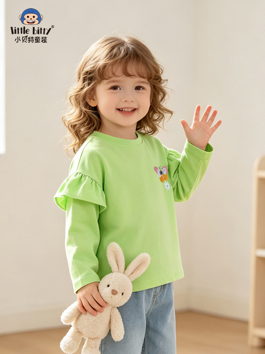 Cross-border supply: 2026 Autumn/Winter girls' long-sleeve T-shirt with butterfly and floral embroidery, round neck, lace trim, children's base shirt