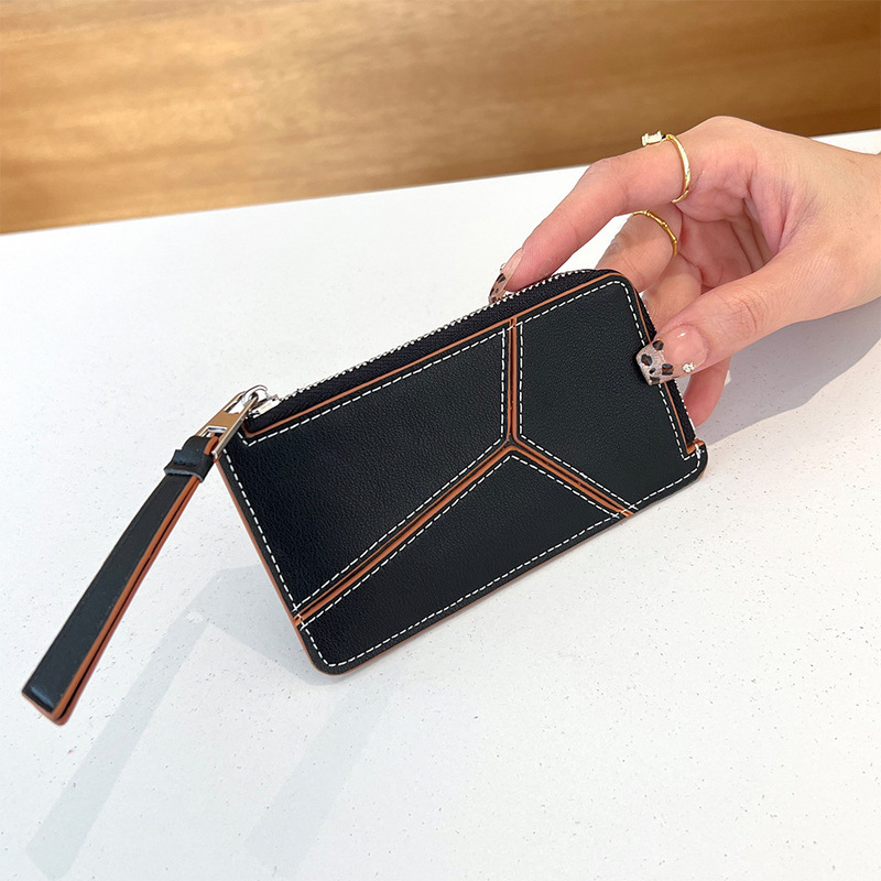 牛革ショート小銭入れレディース 2025 新しいファッションコントラストカラーステッチ小さなカードホルダードキュメントバッグ本革コインバッグ|undefined