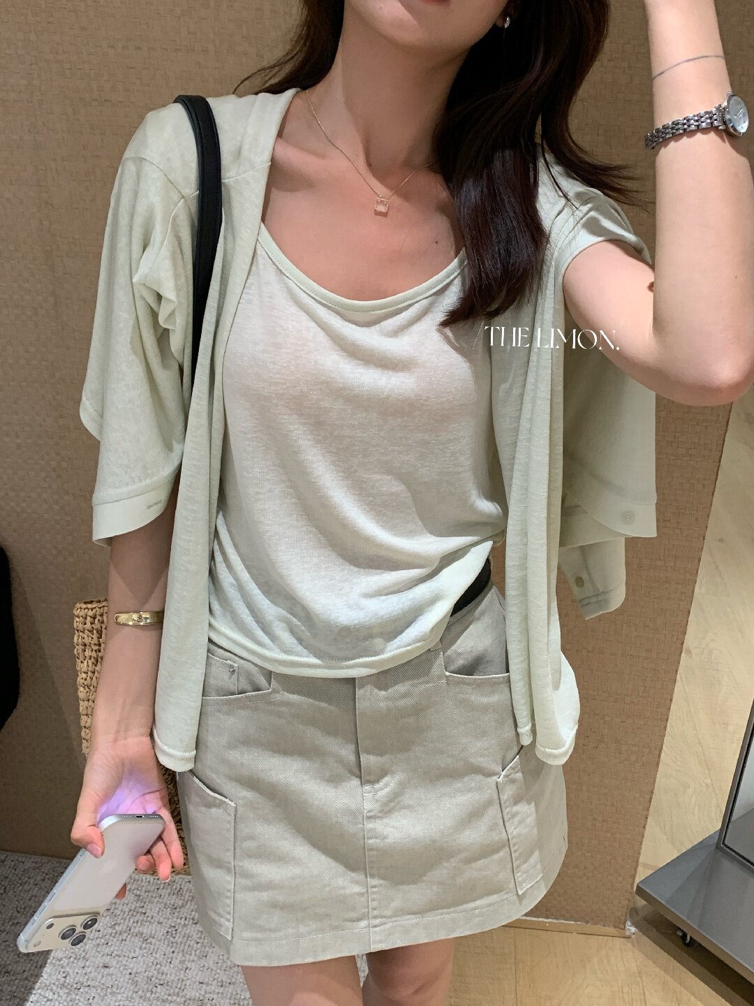 Bộ cardigan len mỏng kèm áo hai dây hai mảnh nữ mùa hè — Xám cacbon, xanh lam, màu hồng, Đậu xanh chi tiết 39