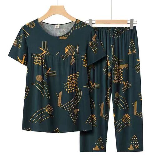 Mom's Summer Casual Ice Silk Set Loose Plus Size Grandmother Short Sleeve Top Loose Middle-Aged and Elderly Two-Piece Set