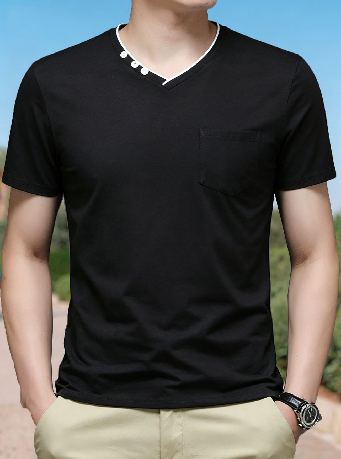 Transfronterizos eBay verano nuevo hombre color contrastante cuello V camiseta delgada grande americano con bolsillo casual deportivo mangas cortas