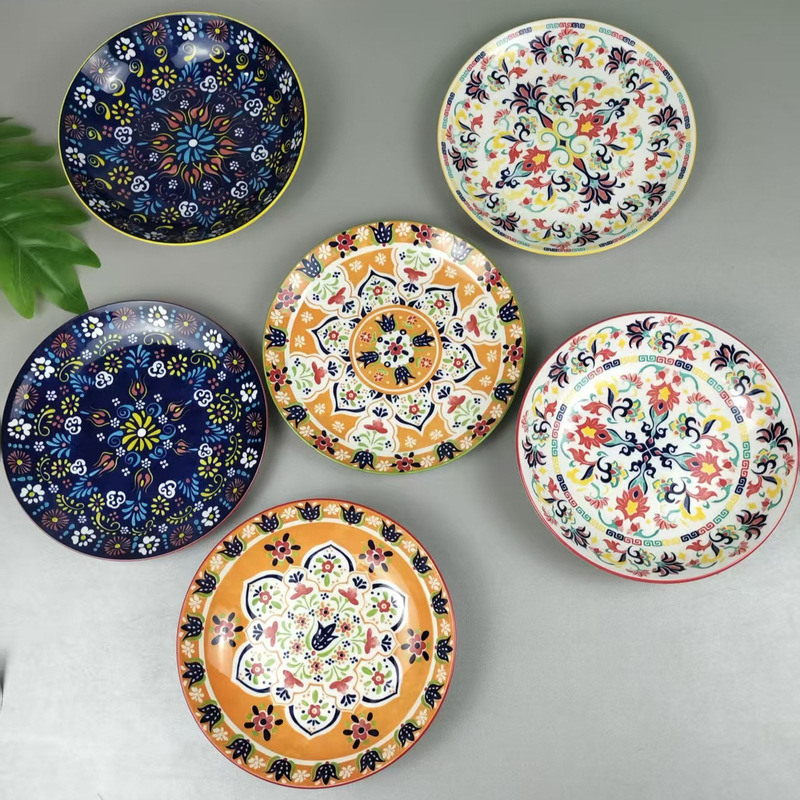 Bohemian Ceramic Plate, High-Looking Household Creative Dish Plate, Fruit Plate, Steak Plate, Deep Plate, Round Plate Tableware Bohemian Ceramic Plate, High-Looking Household Creative Dish Plate, Fruit Plate, Steak Plate, Deep Plate, Round Plate Tableware