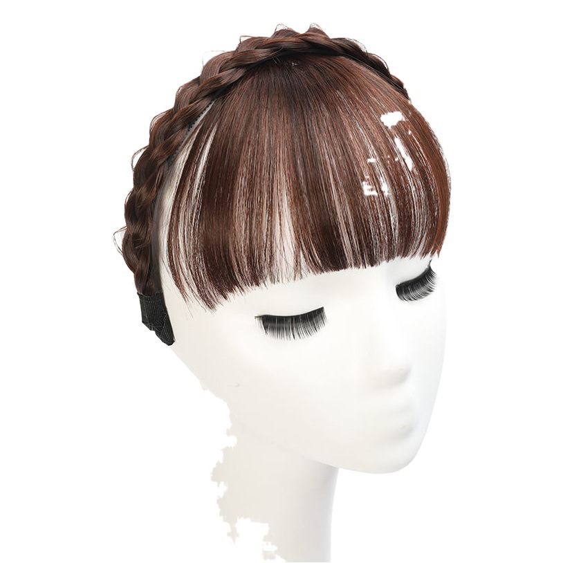 Flequillo falso frente femenina flequillo de aire peluca de una sola pieza twist trenza banda de pelo flequillo recto natural realista cortina de cabeza falsa