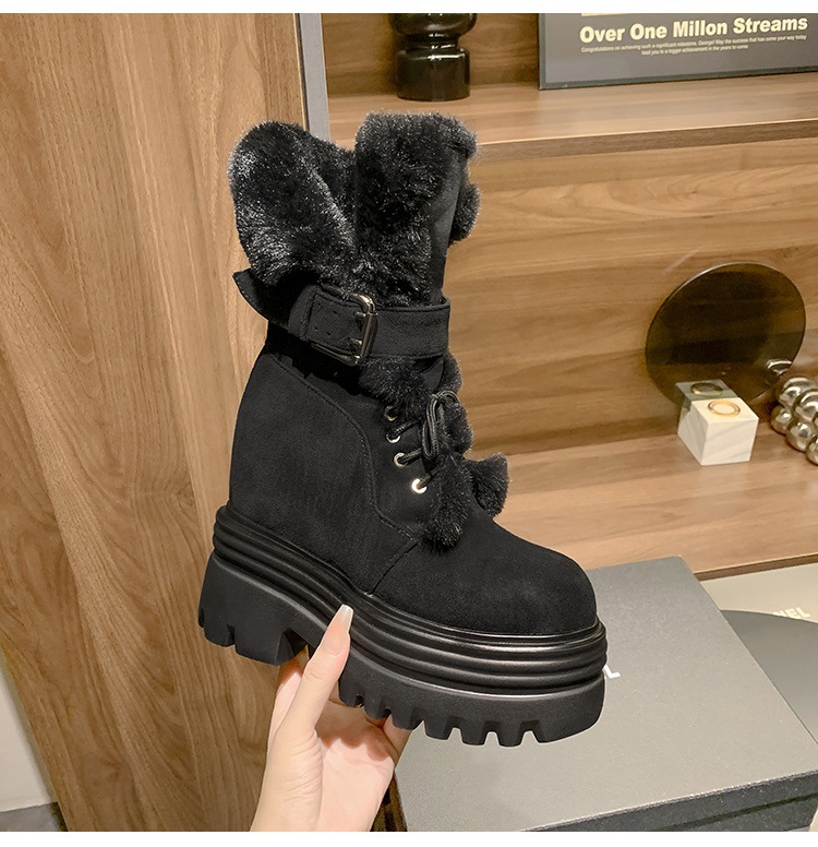 Boot nữ cổ cao ôm bắp chân đế nêm tăng chiều cao 12cm lót lông ấm — mơ 15cm chi tiết 18