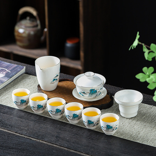 Suet-fat jade white porcelain tea set complete set business gift printing home office reception high-end tea set