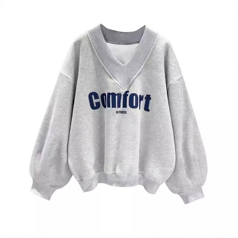 Amazon Cross-Border Export Autum New Gray Sweatshirt Women's Fashion Casual Loose Versatile V Neck Top